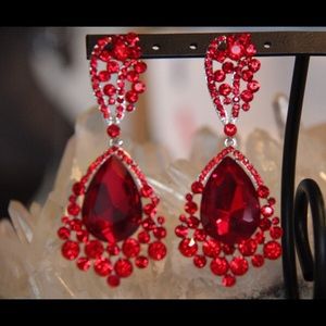 Red rhinestone earrings, large red pageant earring
